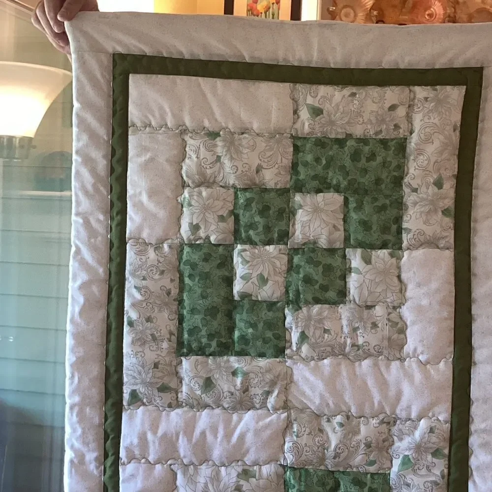 NWT. Hand Crafted Green, White and Silver Quilt
